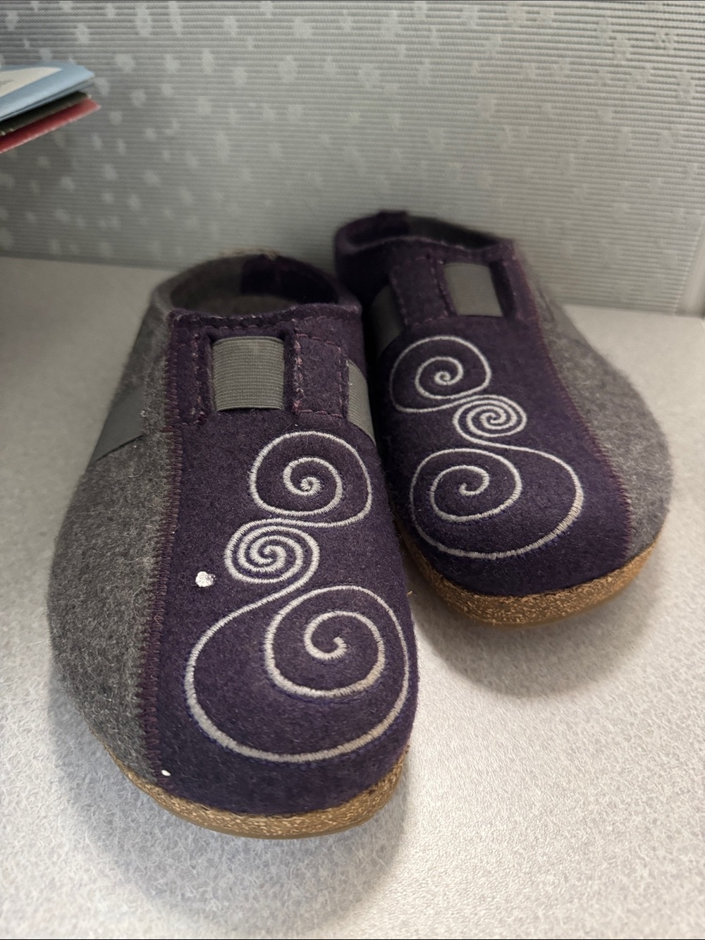 Haflinger Purple & Gray Felt Slip-On Women's Slippers with Swirl Stitching